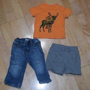 3pc Bundle Baby Boys Sz 6m Hunting T-Shirt Shorts Jeans Bass Pro Osh Kosh